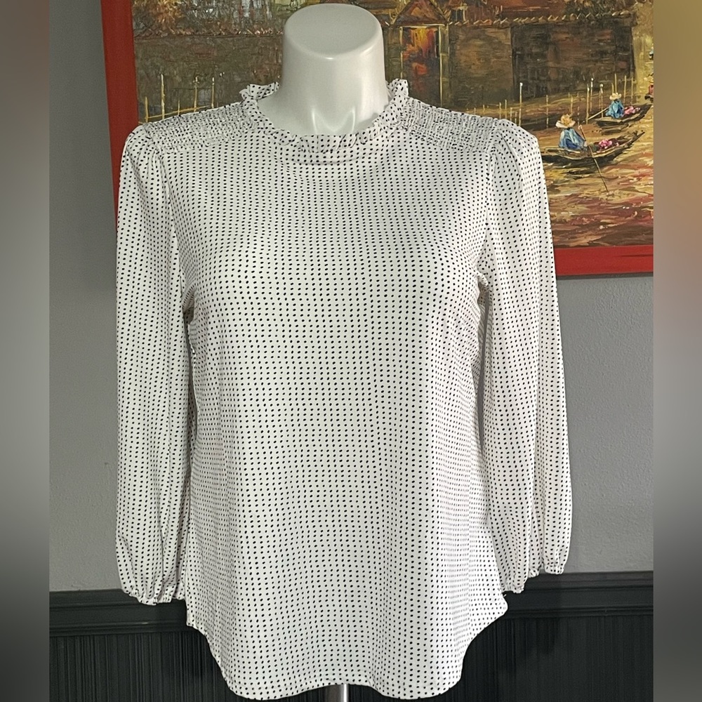 Adrianna Papell White Polka Dot Long Sleeve Blouse